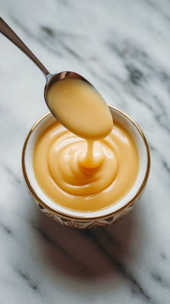 a small bowl filled with smooth, glossy lemon glaze, with a spoon lifting a drizzle to show its silky consistency