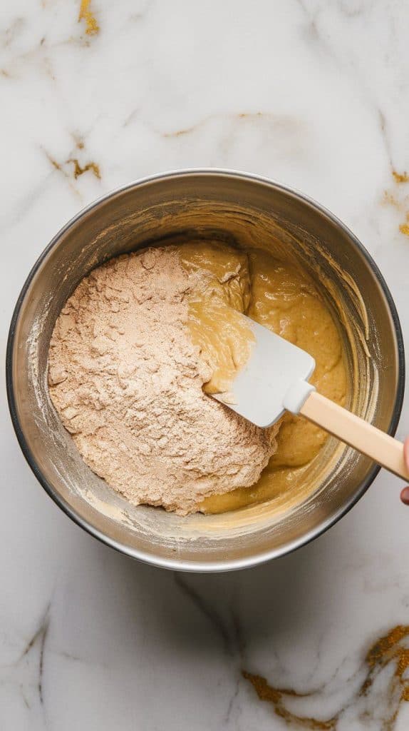 a spatula folding dry flour mixture into the wet banana mixture, creating a thick, slightly lumpy batter