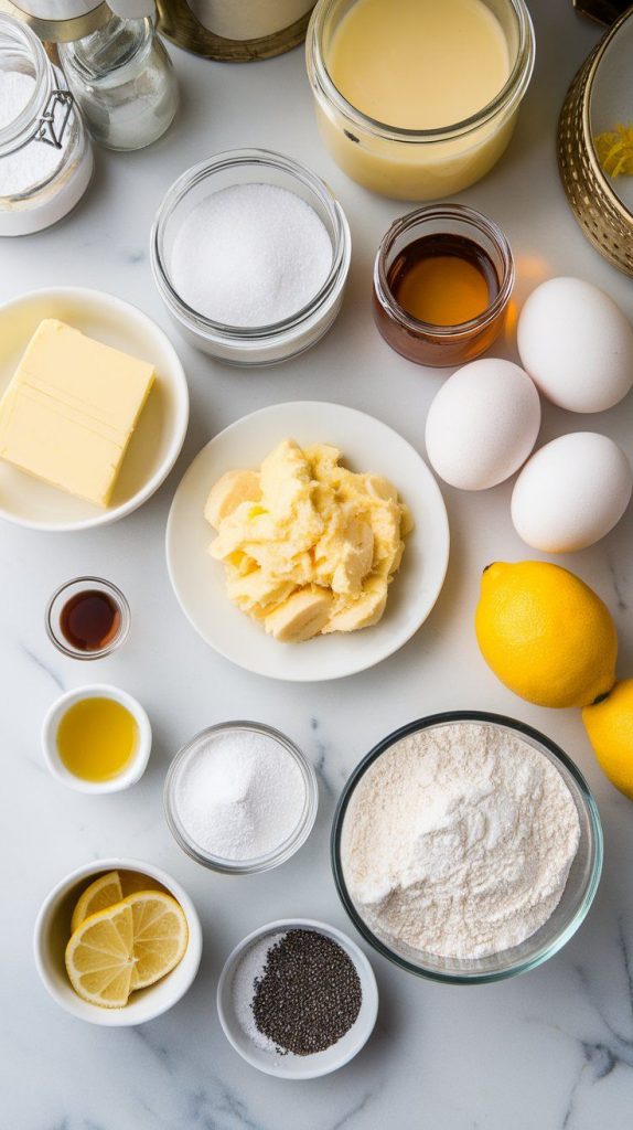 a small plate of mashed bananas, a small plate of melted butter, a small plate of granulated sugar, a small plate of honey, a small plate of eggs, a small plate of vanilla extract, a small plate of fresh lemon juice, a small plate of lemon zest, a small plate of all-purpose flour, a small plate of baking soda, a small plate of salt, a small plate of poppy seeds, a small plate of powdered sugar, and a small plate of extra lemon zest