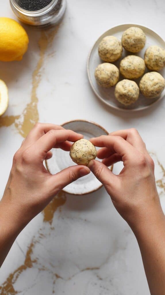 hands rolling a lemon poppy seed protein ball, showing the speckled dough