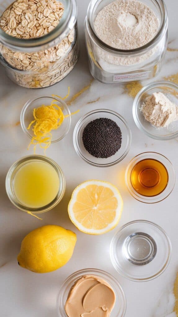 ingredients for lemon poppy seed protein balls: rolled oats in a clear glass jar, almond flour in a second clear jar, vanilla protein powder in a small clear bowl, poppy seeds on a small white plate, honey on another small white plate, lemon zest on a small round dish, fresh lemon juice in a small clear glass jar, almond butter in a shallow white dish, and water in a tiny clear bowl.