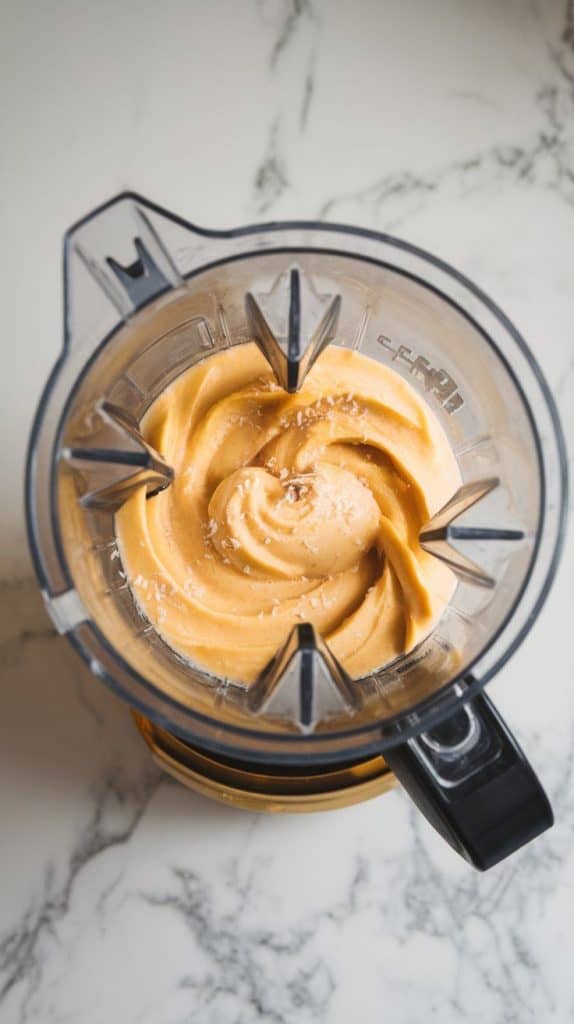 a blender mid-blend, the mango coconut shake swirling into a thick, smooth mixture with tiny flecks of coconut visible