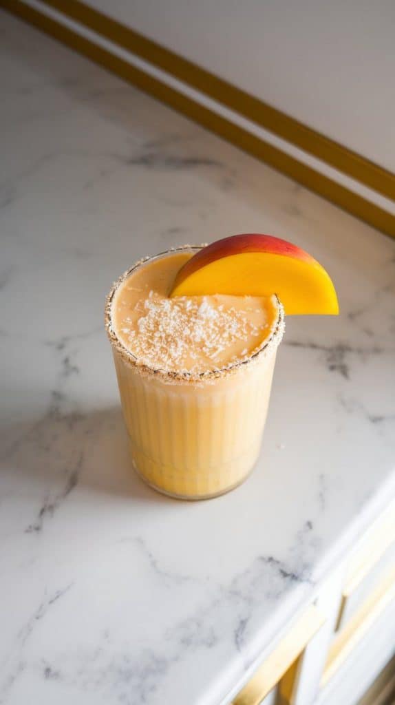 a Mango Coconut Protein Shake topped with a light sprinkle of shredded coconut, with a fresh mango slice resting on the rim