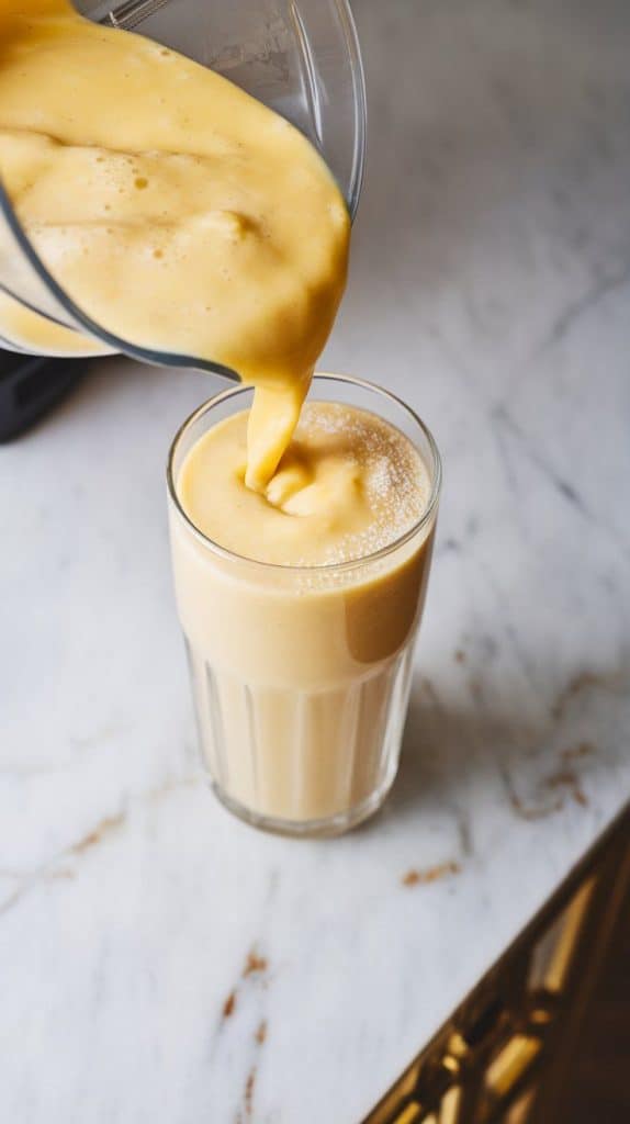 a thick, golden-yellow Mango Coconut Protein Shake being poured from a blender into a tall glass, filling it to the top