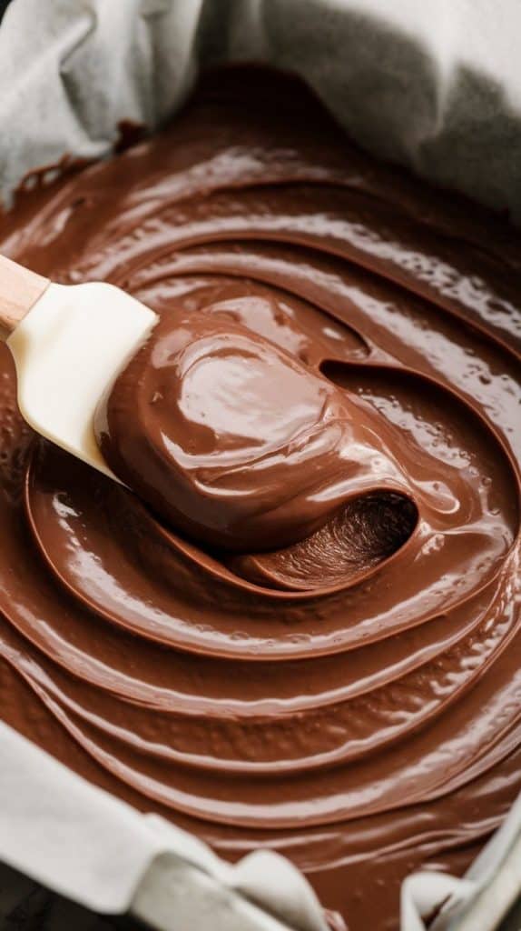 A super close-up shot of a spatula spreading thick chocolate fudge into a parchment-lined baking dish