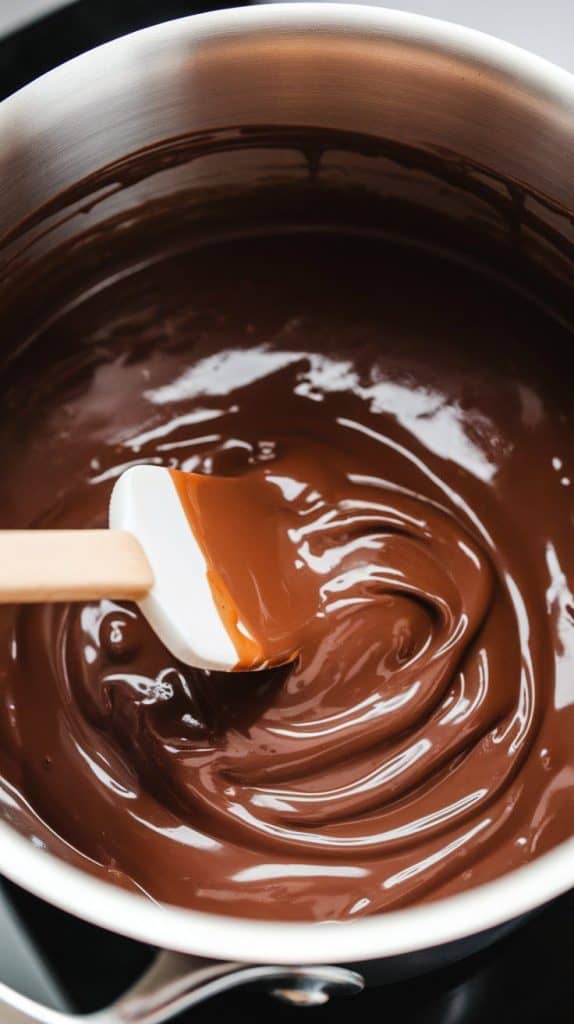 A super close-up shot of a spatula stirring melted semi-sweet chocolate, sweetened condensed milk, and butter in a saucepan