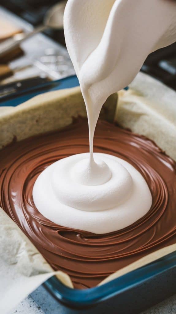 A super close-up shot of a knife swirling thick, glossy marshmallow fluff