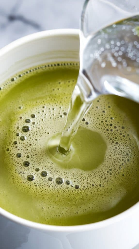 A super close-up, top-down shot of clear sparkling water being poured into the matcha coconut mix