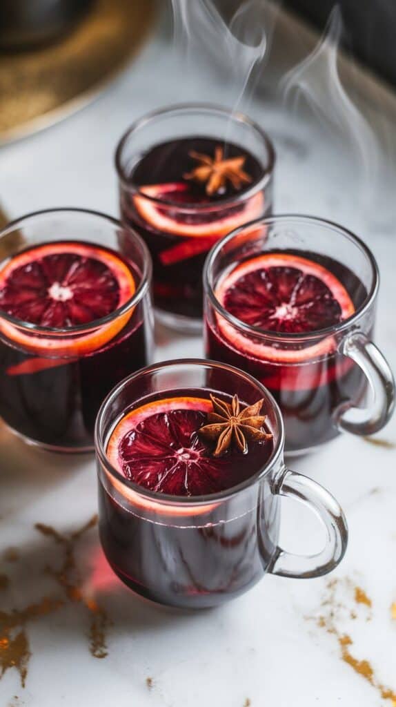 glass mugs filled with dark crimson midnight mulled wine punch, garnished with blood orange slices and star anise