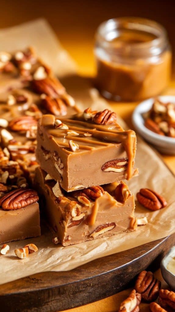A super close-up shot of Pecan Praline Fudge squares stacked on parchment paper