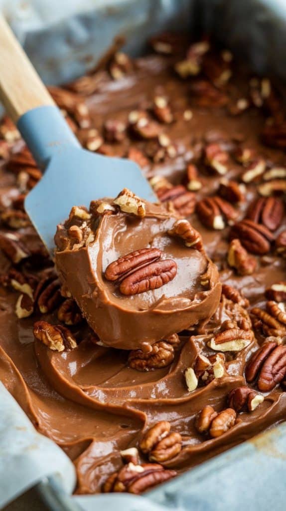 A super close-up shot of a spatula spreading thick pecan praline fudge