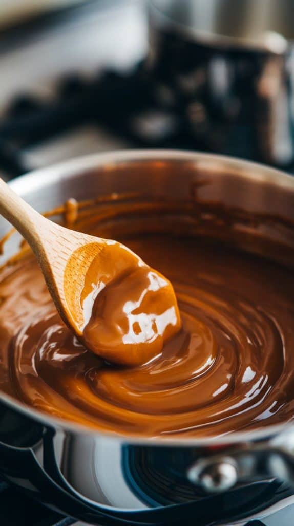 A super close-up shot of a wooden spoon stirring caramelized pecans