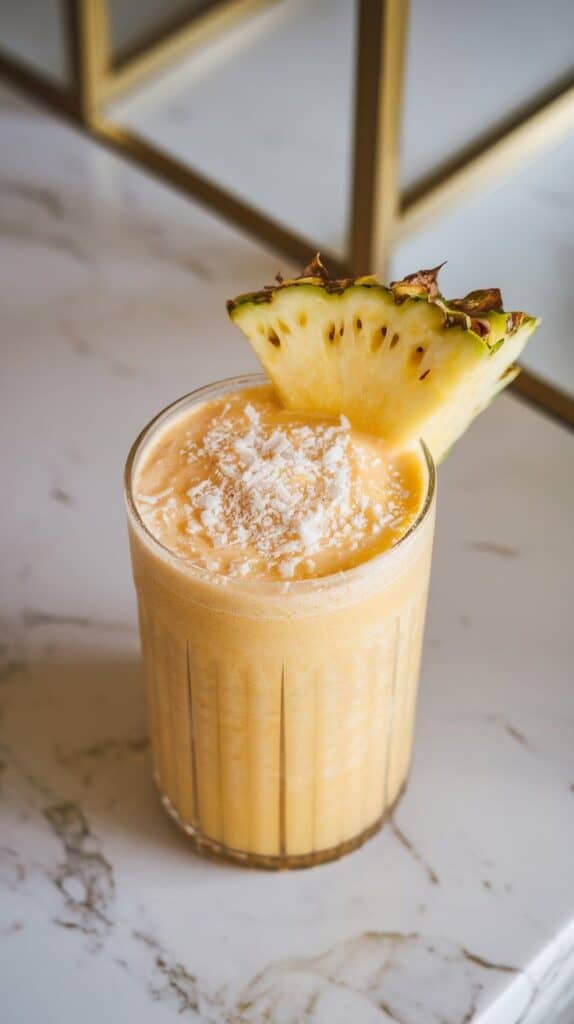 a thick pineapple coconut protein shake in a tall clear glass with a pineapple wedge on the rim and a sprinkle of shredded coconut on top