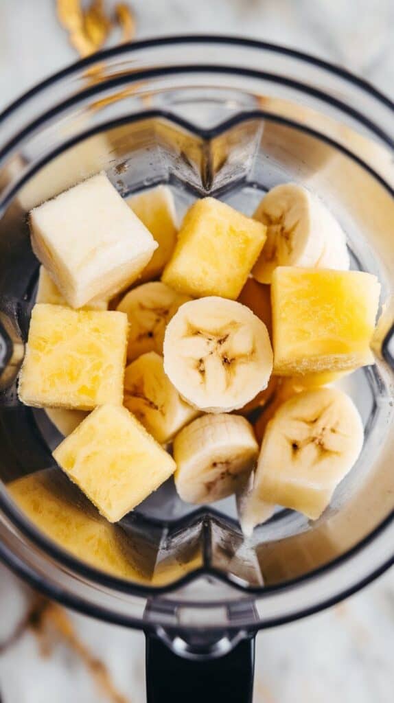 frozen pineapple chunks and banana slices placed into a blender, showing their texture and color