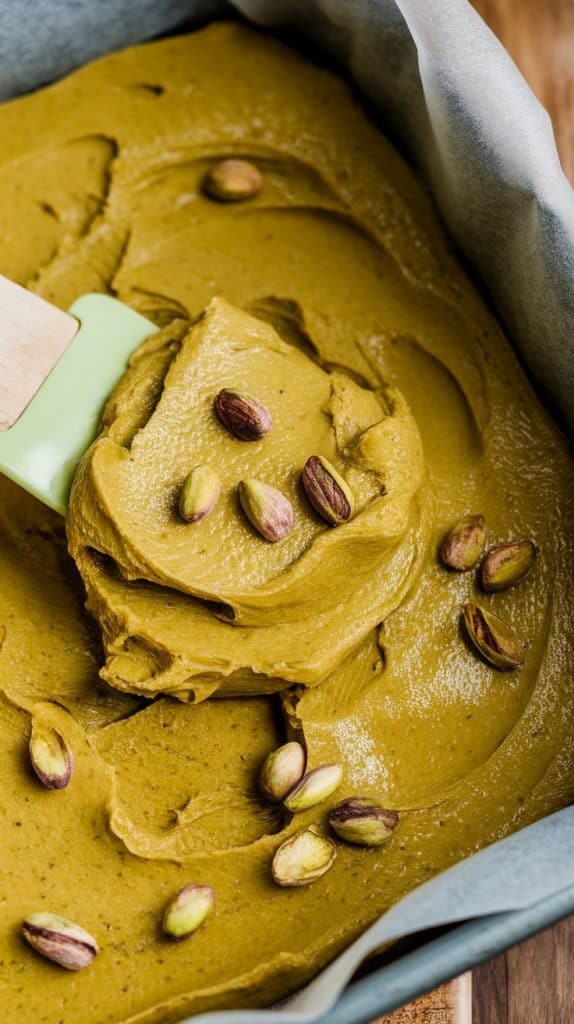 A super close-up shot of a spatula spreading thick pistachio fudge into a parchment-lined baking dish