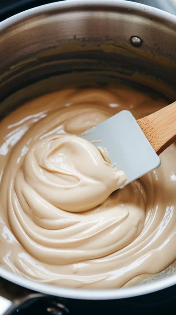 A super close-up shot of a spatula stirring melted white chocolate, sweetened condensed milk, and butter