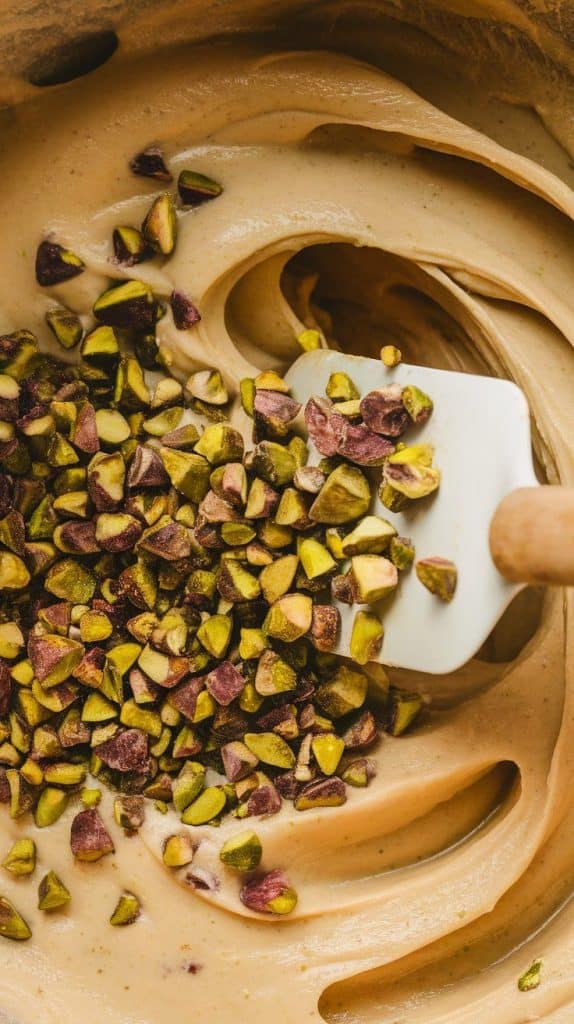 A super close-up shot of chopped pistachios being stirred into creamy melted fudge with a spatula