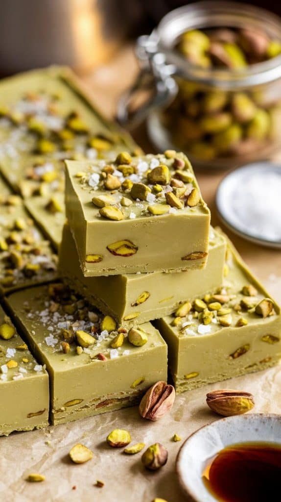 A super close-up shot of Pistachio Fudge squares stacked on parchment paper