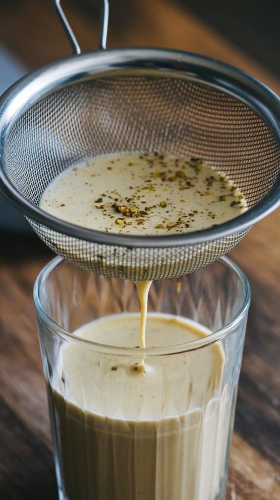A super close-up, top-down shot of creamy pistachio milk being poured through a fine mesh sieve into a glass