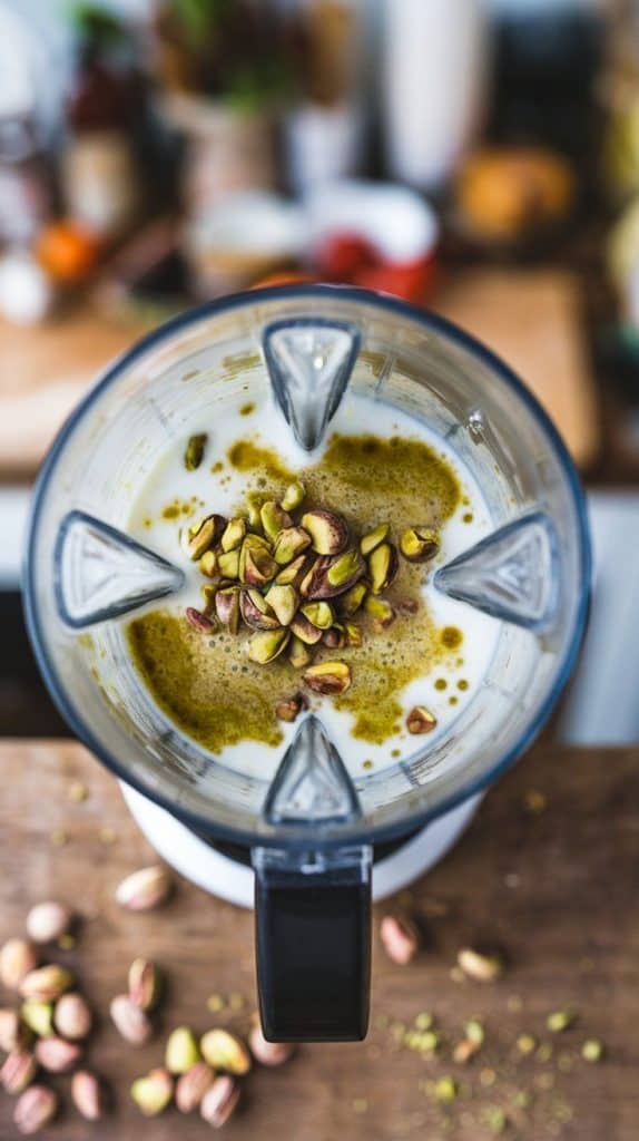  super close-up, top-down shot of a blender filled with milk and pistachios