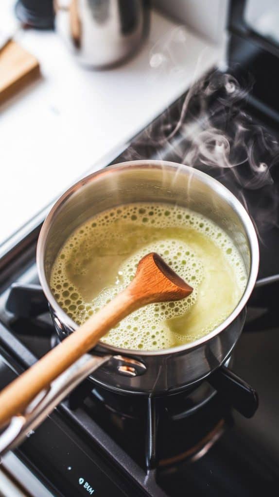 A super close-up, top-down shot of a saucepan with creamy pistachio milk warming on the stove