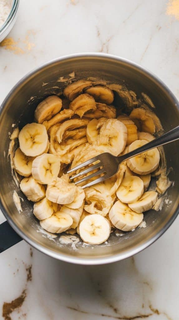 a mixing bowl filled with mashed bananas, slightly chunky with a creamy texture