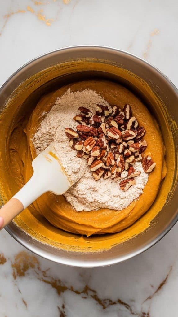 mixing bowl with all-purpose flour, warm pumpkin spice, cinnamon, baking soda, baking powder, and salt being whisked into a light, fluffy mixture