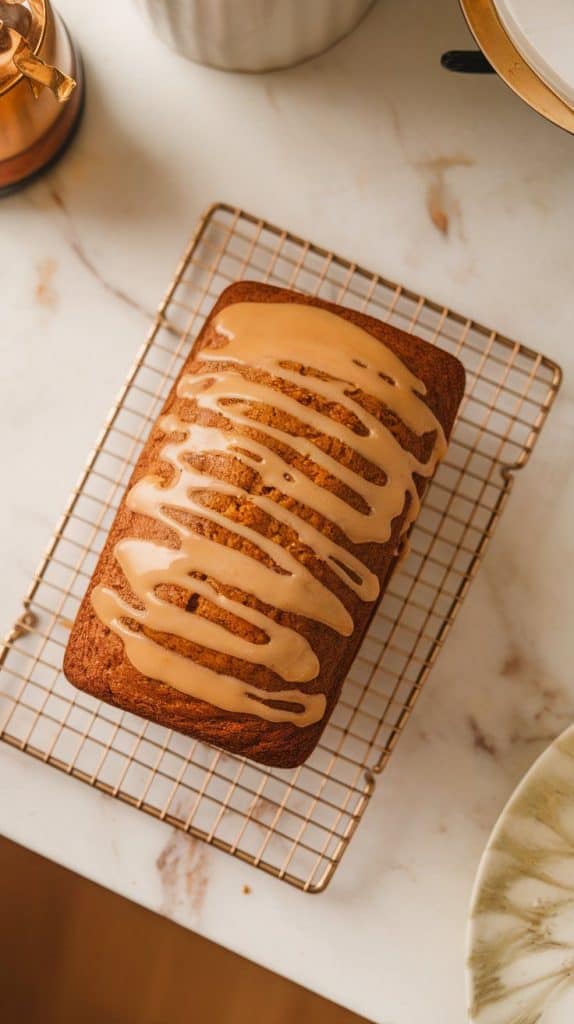 a warm loaf of pumpkin spice banana bread resting on a wire cooling rack, with maple glaze being drizzled over the top