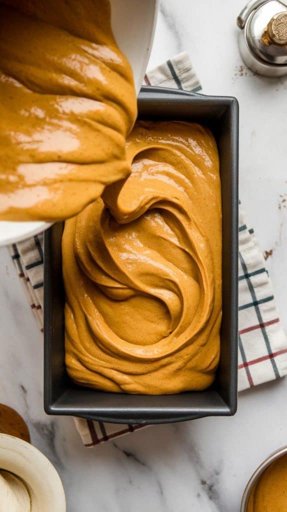 thick, spiced pumpkin banana batter being poured into a loaf pan, spreading evenly