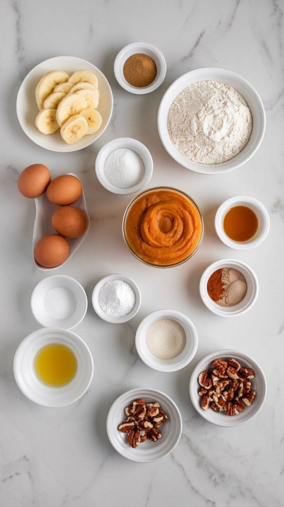 a small plate of mashed bananas, a small plate of canned pumpkin purée, a small plate of all-purpose flour, a small plate of brown sugar, a small plate of granulated sugar, a small plate of eggs, a small plate of melted butter, a small plate of vanilla extract, a small plate of pumpkin spice, a small plate of cinnamon, a small plate of baking soda, a small plate of baking powder, a small plate of salt, and a small plate of chopped pecans