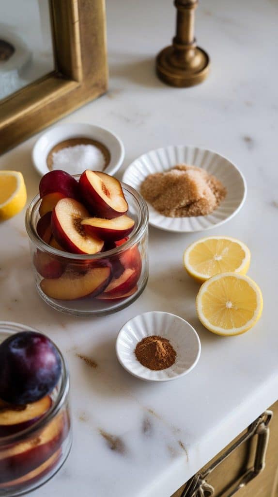 a glass jar filled with roasted plum compote, glossy and thick with visible plum chunks, deep purple in color with a few cinnamon specks