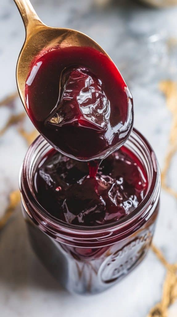 thick roasted plum compote being spooned into a glass jar, with deep red-purple juices clinging to the sides and a few plum chunks visible