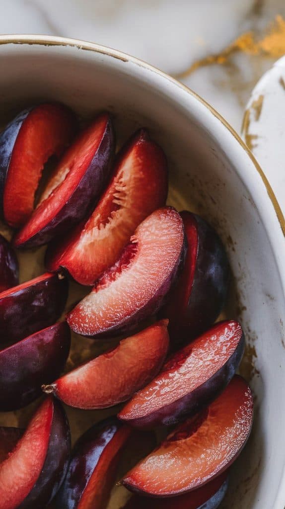 sliced plum wedges being added to a ceramic baking dish, bright red and purple with juicy edges.