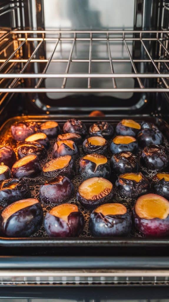 the plums roasting in the oven, juices bubbling around the edges and plum skins darkening and wrinkling slightly.