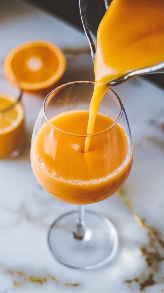 A super close-up shot of bright, freshly squeezed orange juice being poured into a tall wine glass