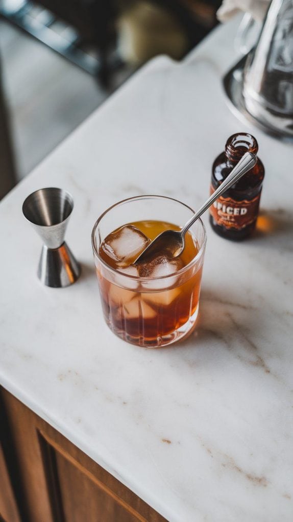 A bar spoon stirring spiced rum and coffee liqueur in a clear mixing glass
