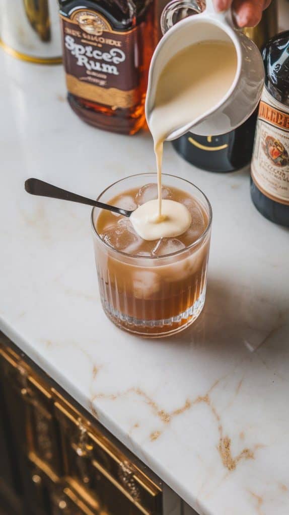 Heavy cream being poured from a small pitcher over a spoon into a cocktail glass filled with ice
