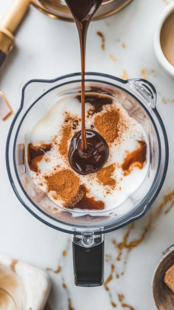 a blender filled with chilled coffee and milk, as chocolate syrup drizzles in from above