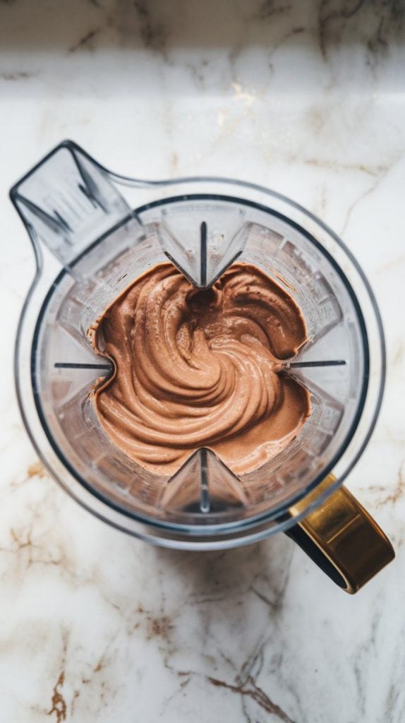 a blender filled with a thick, creamy chocolate cinnamon churro frappuccino mixture, swirling smoothly as it blends