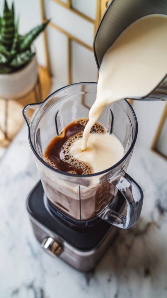 a blender with chilled brewed coffee and creamy milk being poured inside