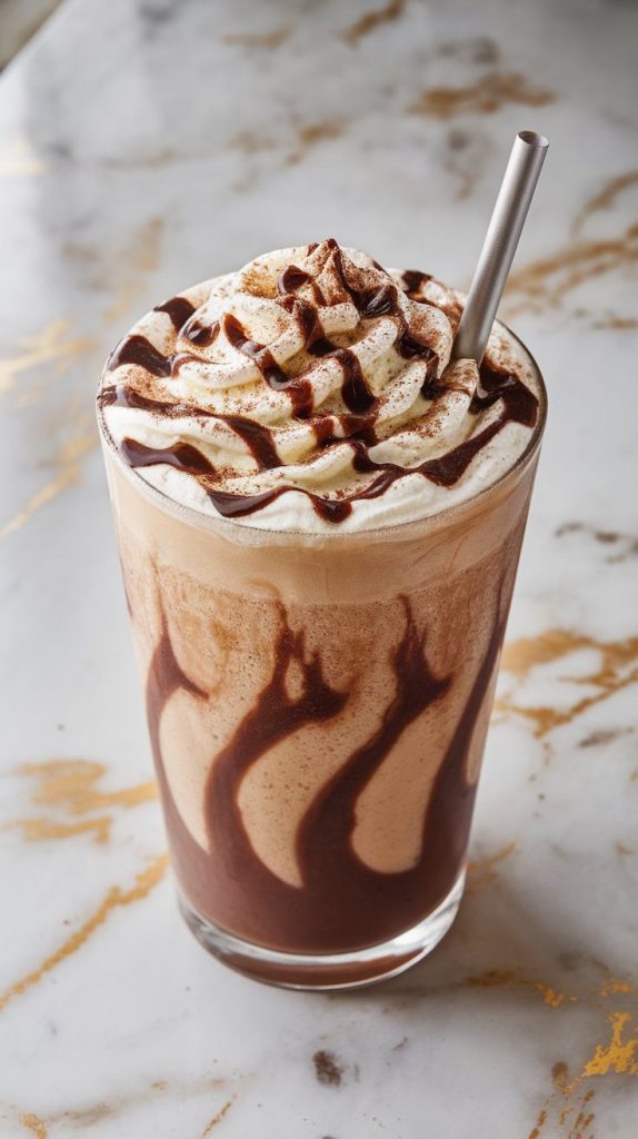 a tall glass filled with thick chocolate cinnamon churro frappuccino, topped with a swirl of whipped cream and a dusting of cinnamon sugar