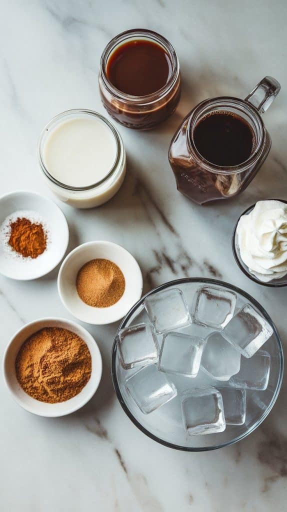 all ingredients for a Starbucks copycat chocolate cinnamon churro frappuccino arranged on a white marble countertop with hints of gold