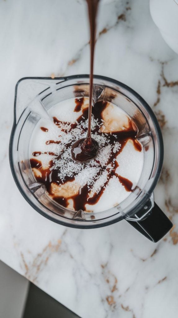 a blender filled with chilled coffee and coconut milk, with chocolate syrup drizzling in from above