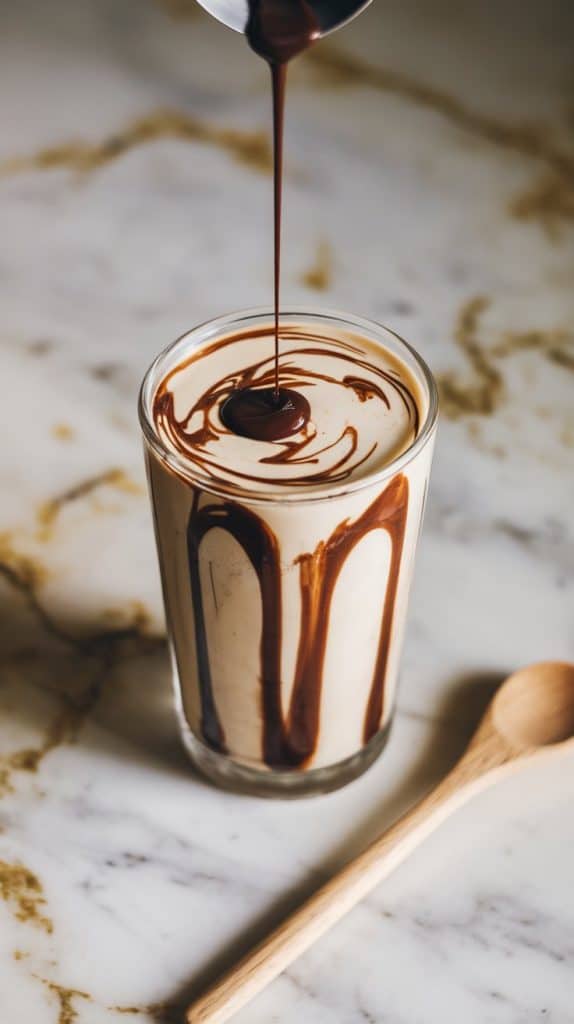 a tall glass being drizzled with chocolate syrup, creating swirls along the inside
