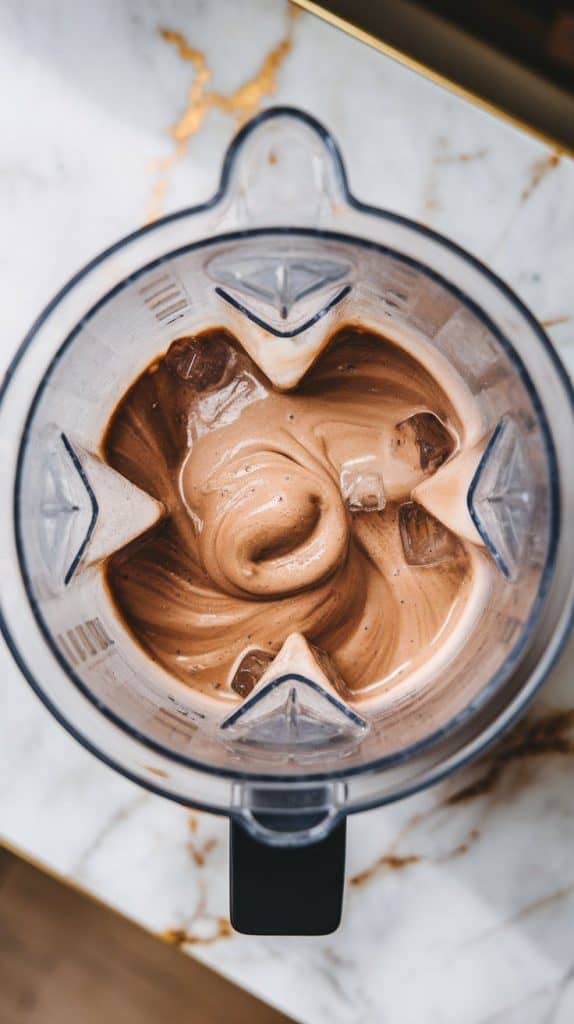 a blender with thick, creamy frappuccino mixture swirling inside, showing a smooth texture