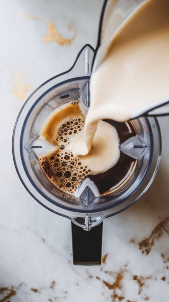 a blender with chilled coffee and creamy coconut milk being poured inside
