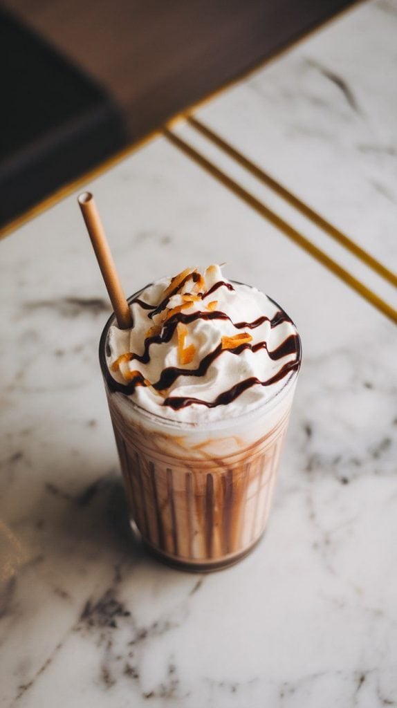a coconut mocha frappuccino topped with whipped cream, toasted coconut flakes, and a drizzle of chocolate syrup