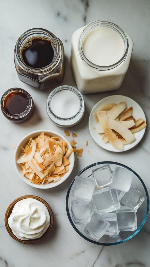 all ingredients for a Starbucks copycat coconut mocha frappuccino arranged on a white marble countertop with hints of gold