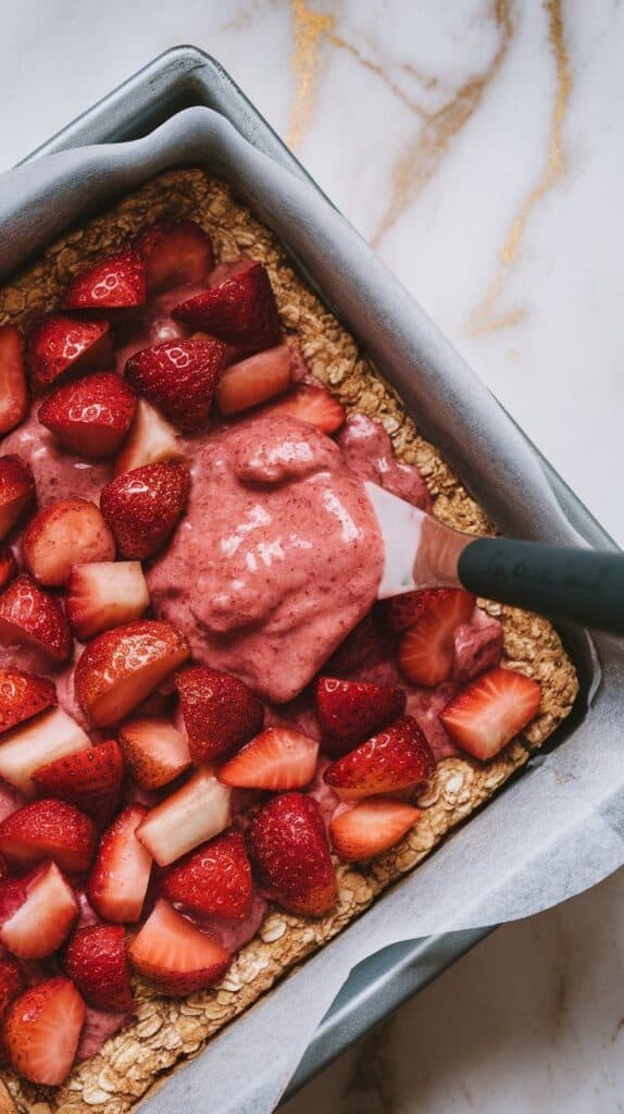 juicy strawberry rhubarb filling being spread across the pressed oat crust inside the parchment-lined pan, fruit distributed in an even layer