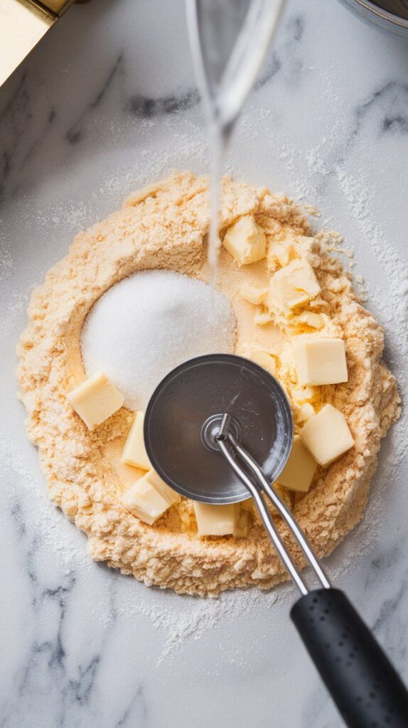 flour, sugar, and salt being mixed with cold cubed butter, dough forming coarse crumbs as it’s pressed with a pastry cutter, ice water drizzling in